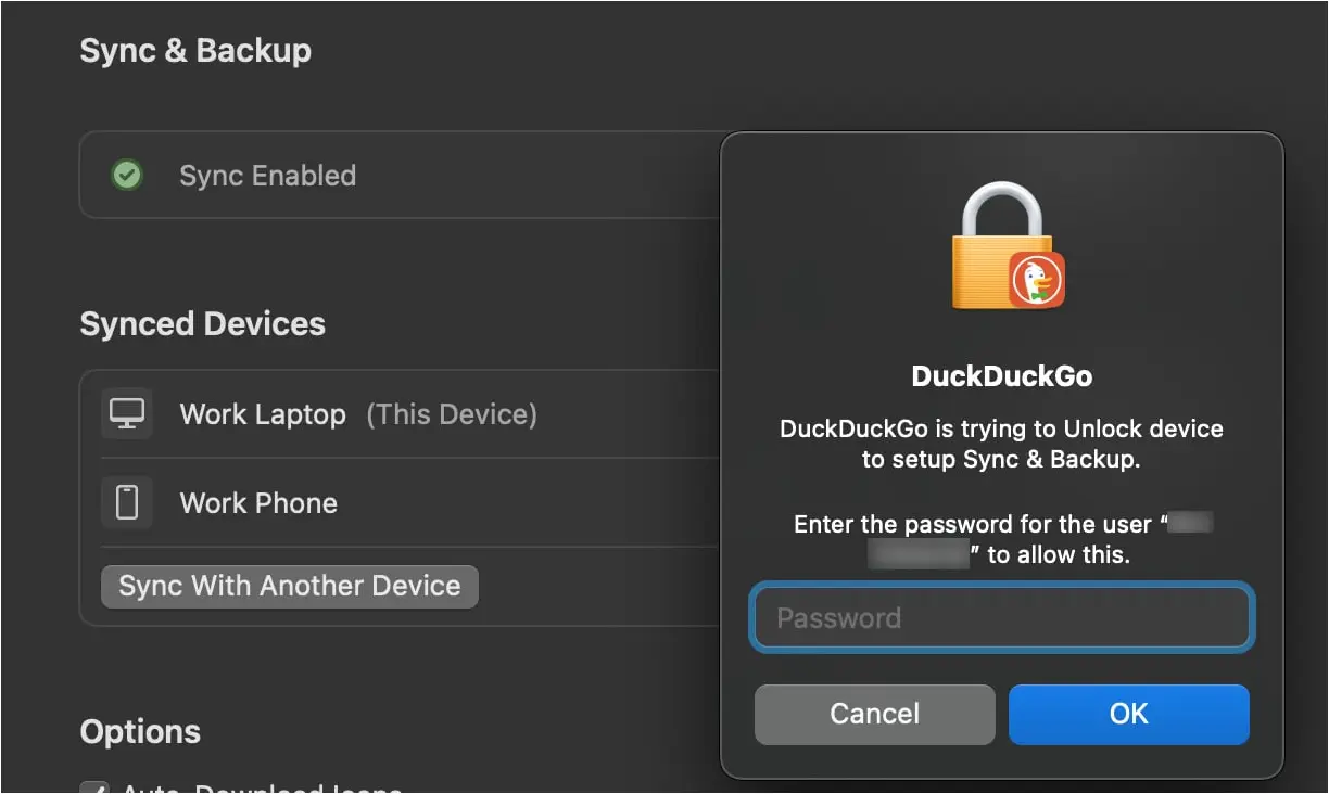 Password required to synchronize another device