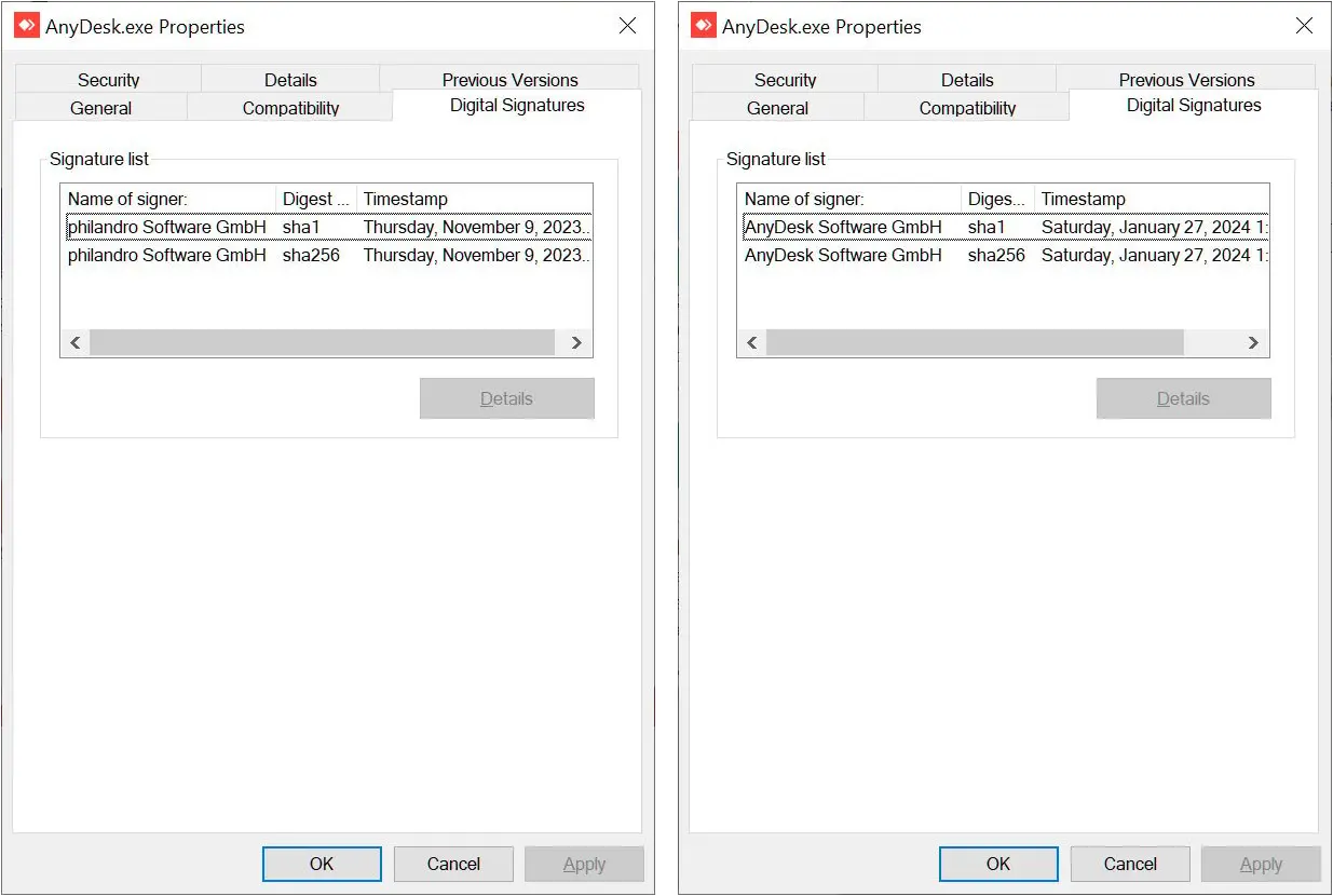 Anydesk Says Hackers Breached Its Production Servers Reset Passwords 2 Signed AnyDesk 8.0.6 (left) vs AnyDesk 8.0.8 (right)