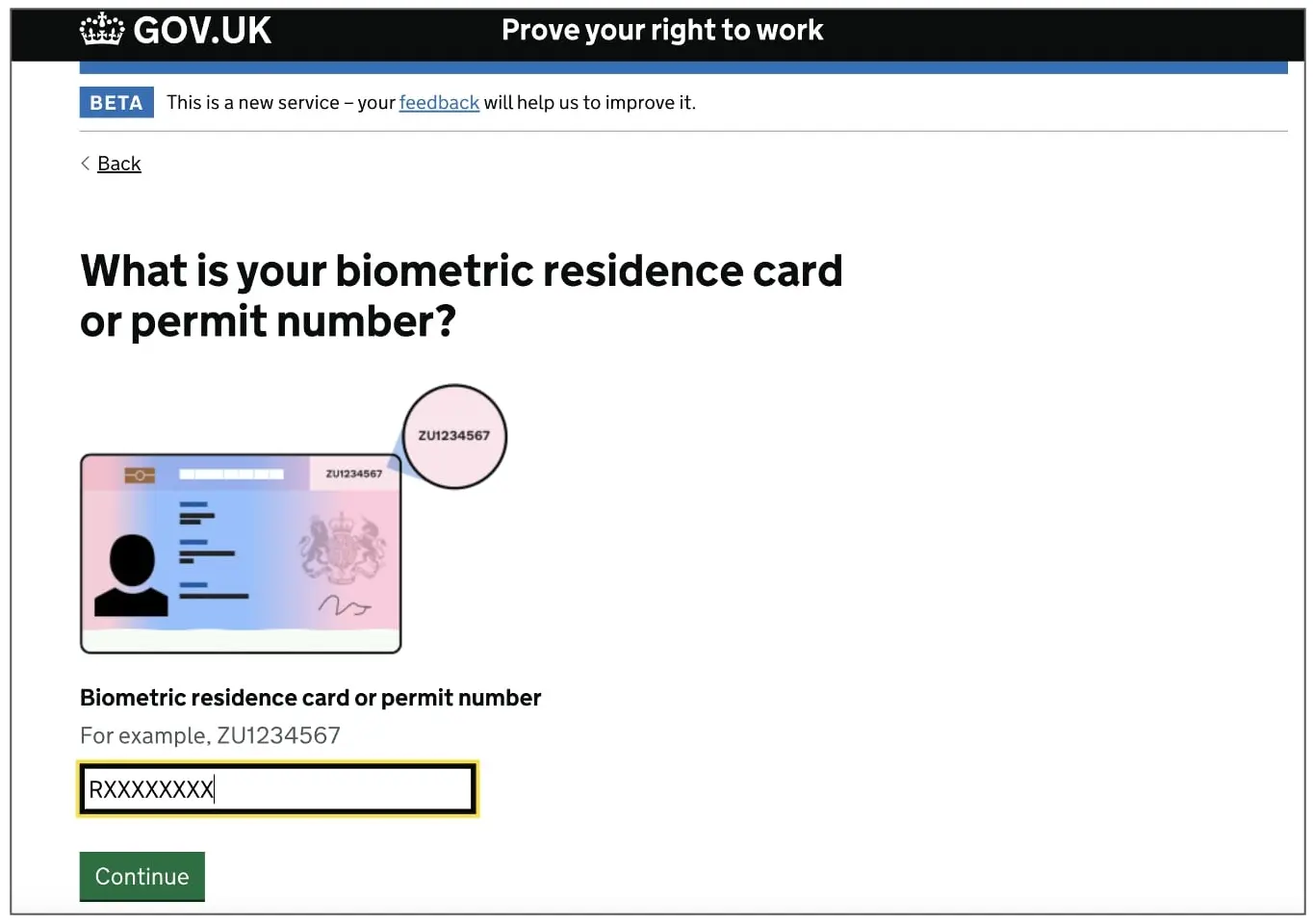 UK right to work online system step 1