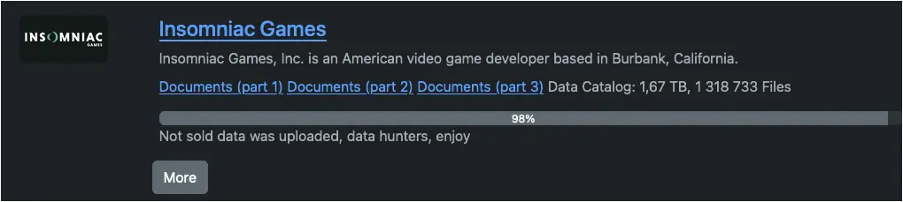 Insomniac Games Alerts Employees Hit By Ransomware Data Breach 2 Insomniac Games leak on Rhysida's leak site
