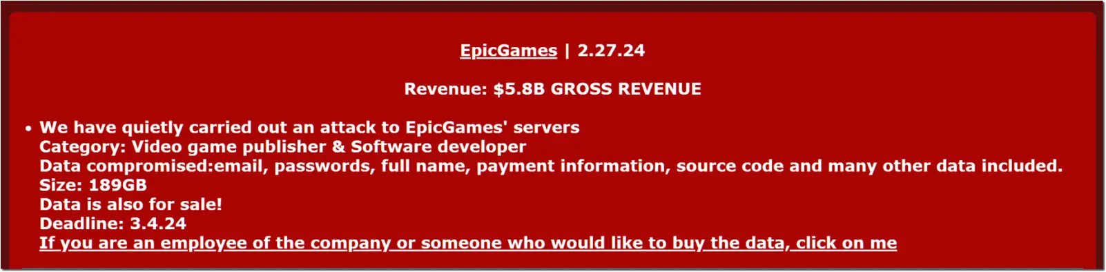Mogilevich claiming to be selling data stolen from Epic Games