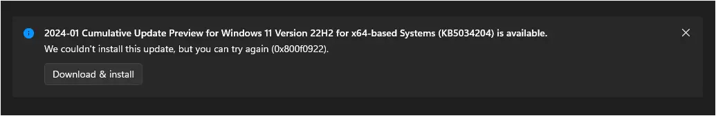 Windows 11 0x800F0922 update install errors