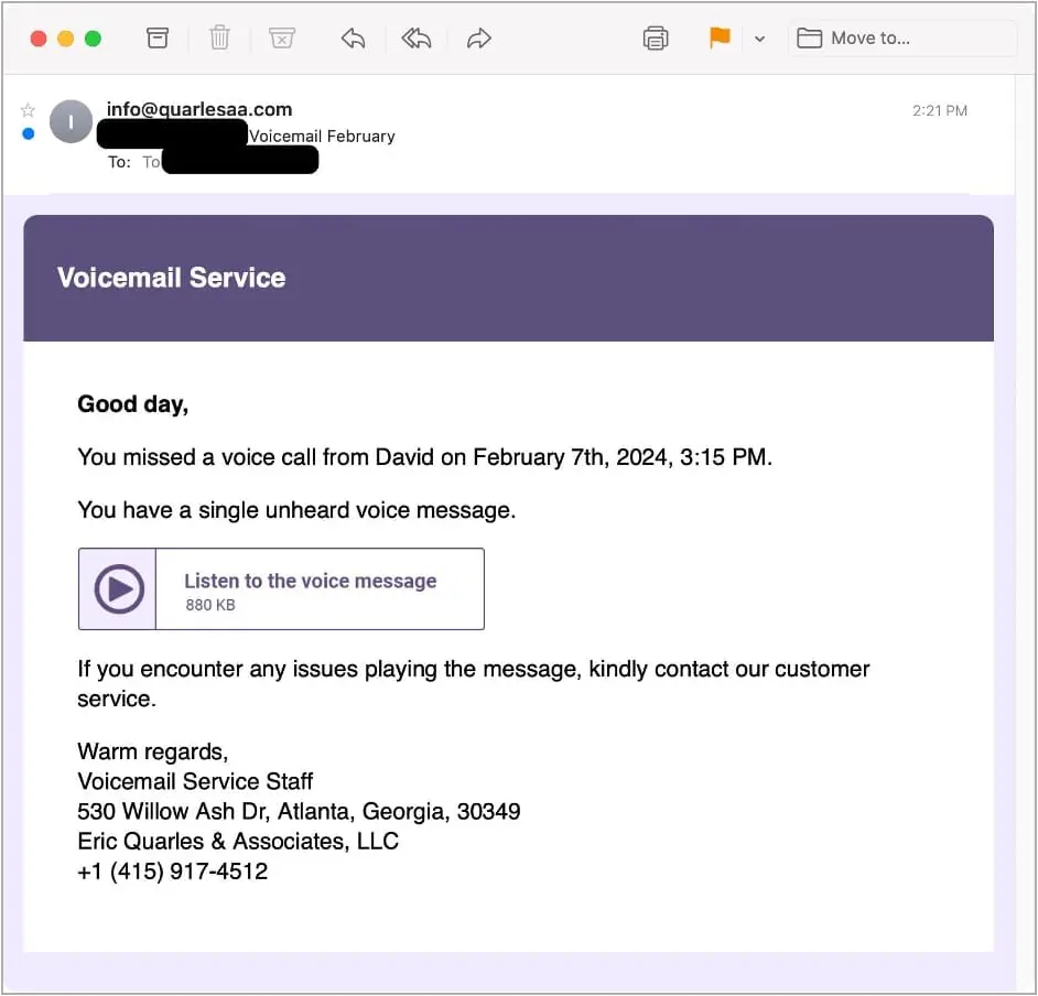 Sample of phishing email used in the campaign