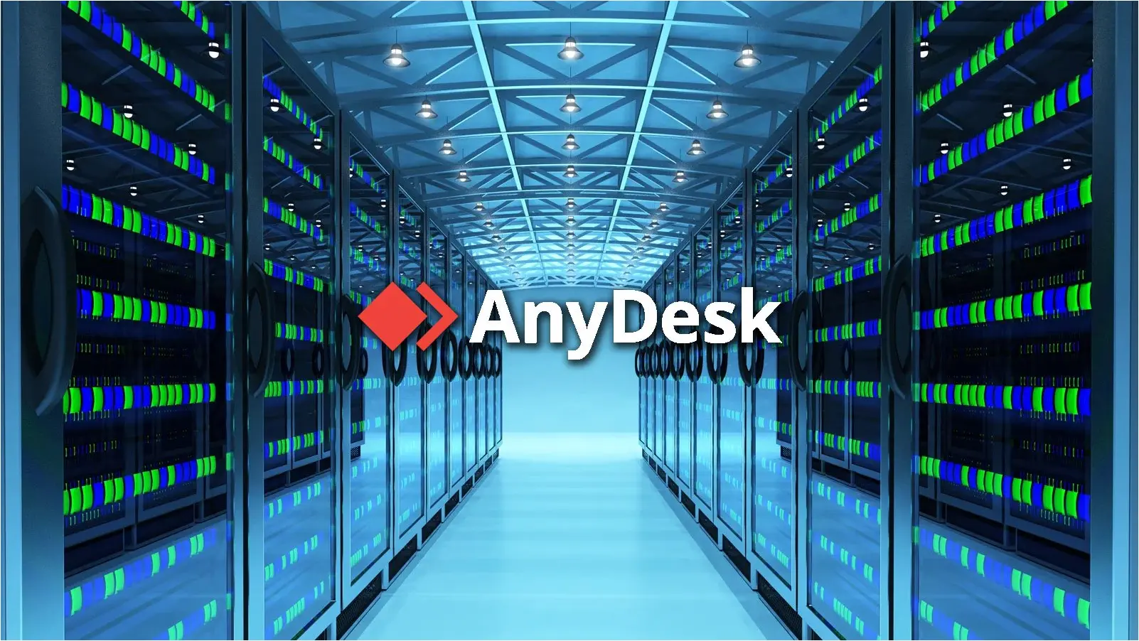 AnyDesk logo over a data center