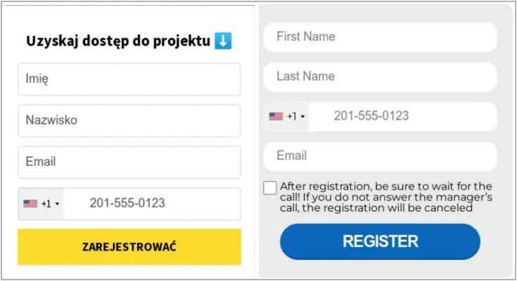 Samples of the fraudulent registration forms