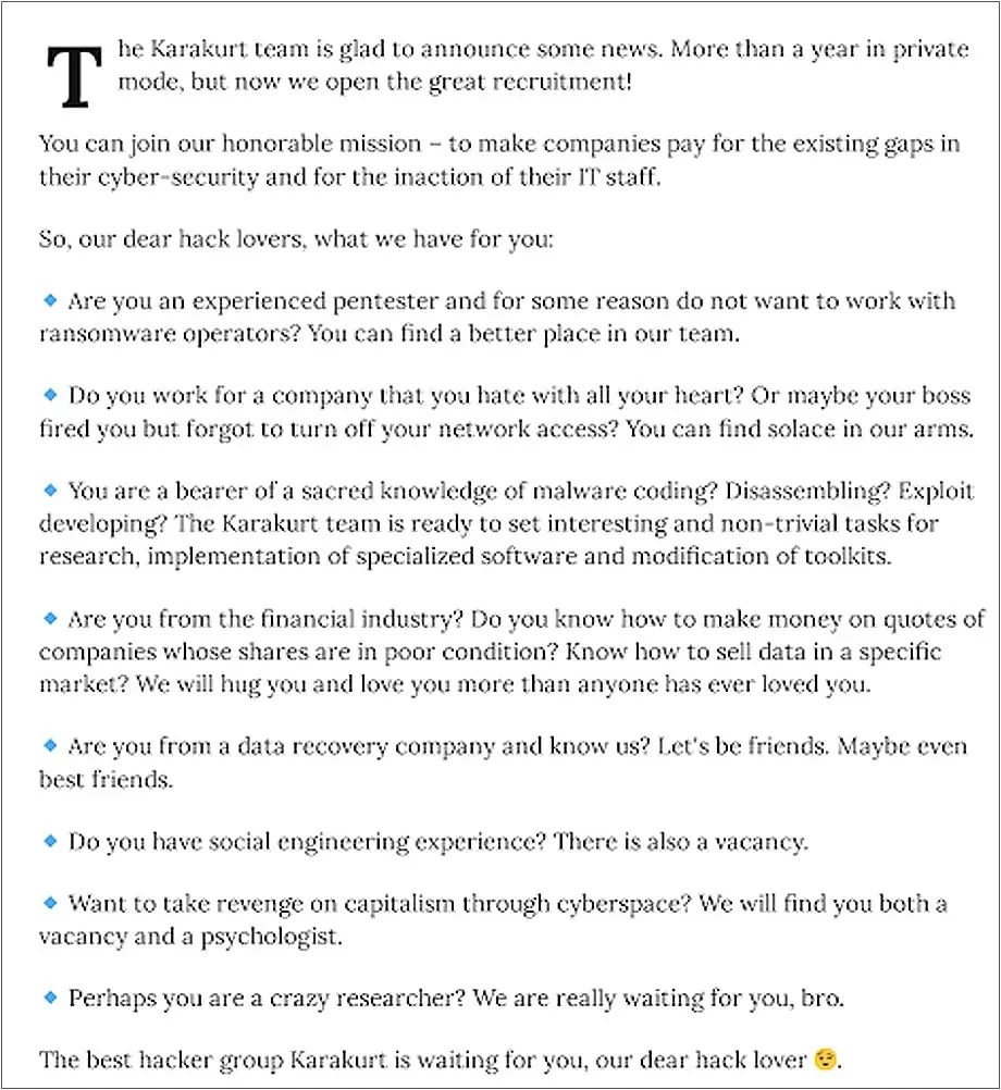 The ransomware group Karakurt announces that they are recruiting affiliates.