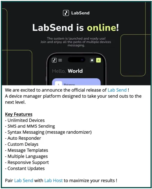New LabSend feature promoted on Telegram