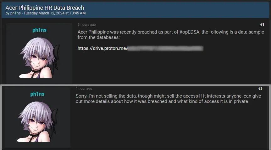 Threat actor's posts on BreachForums