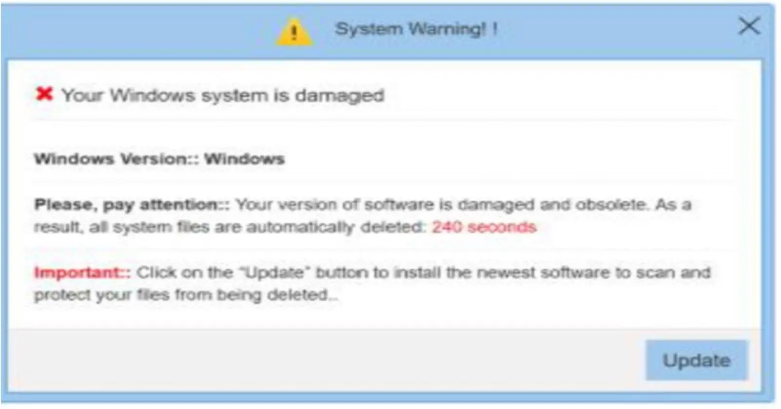 Fake system warning pop-up