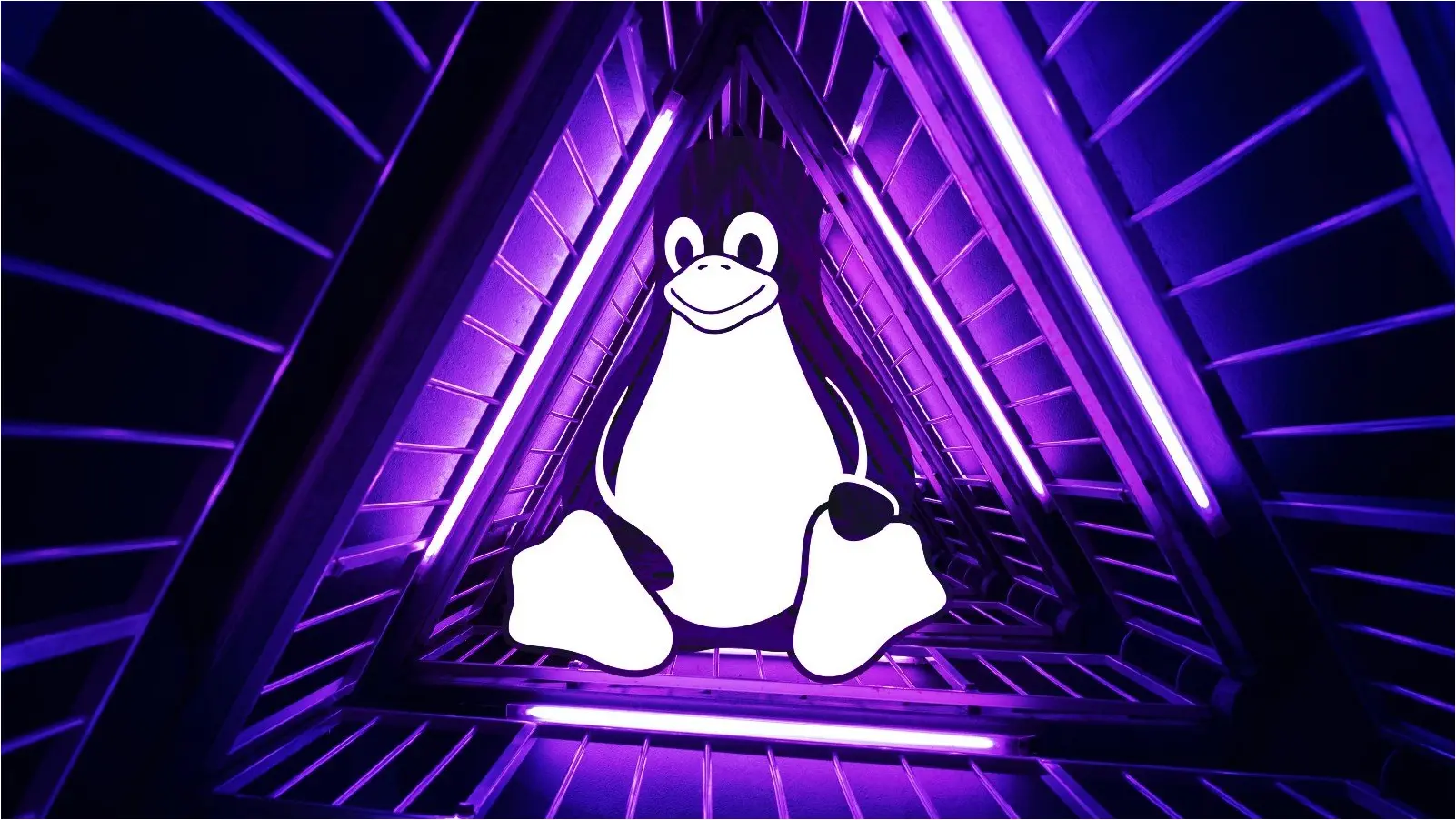 Linux Tux in a purple tunnel