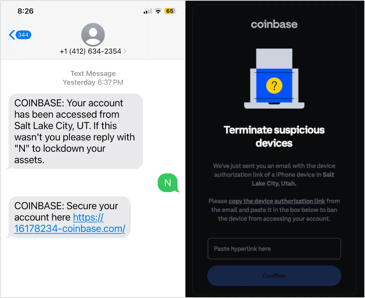 SMS phish (left) and a matching phishing page (right)