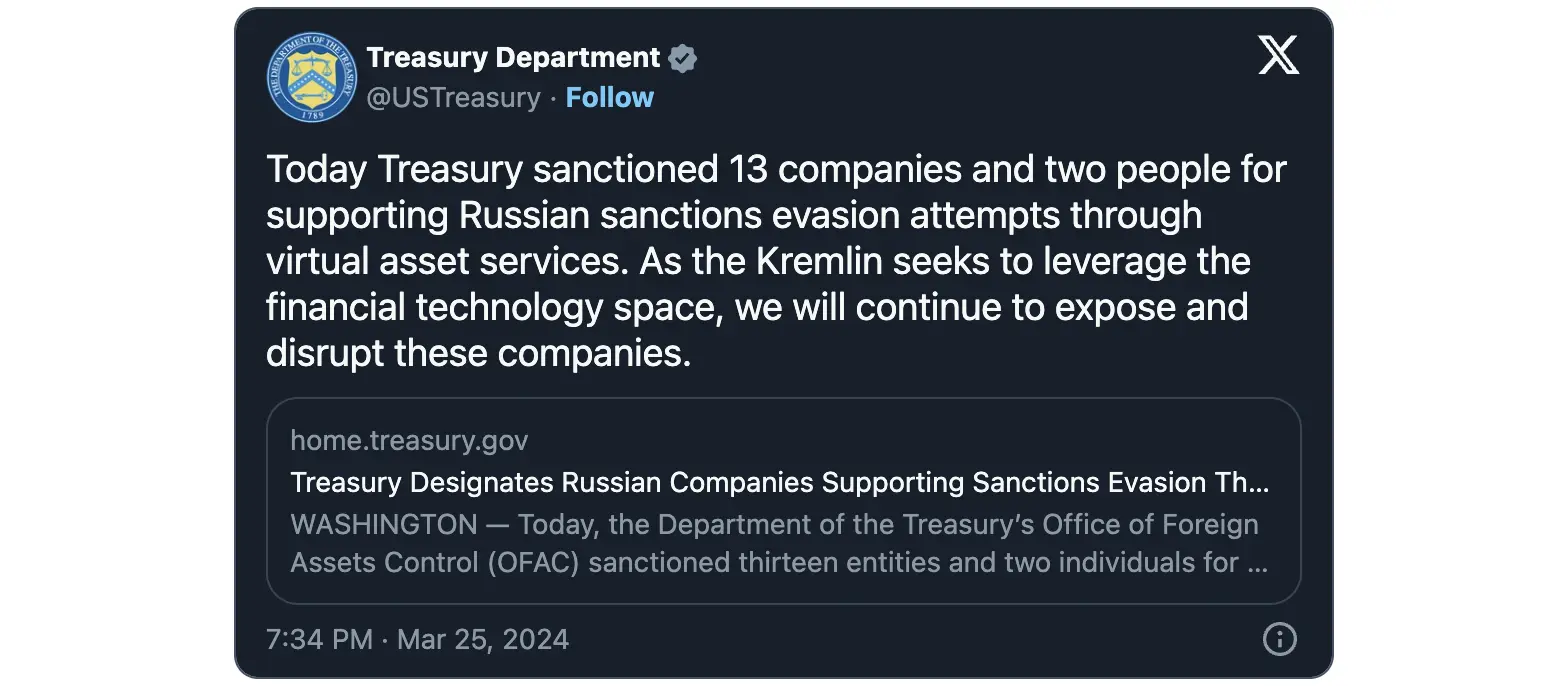 US Treasury Russian crypto sanctions