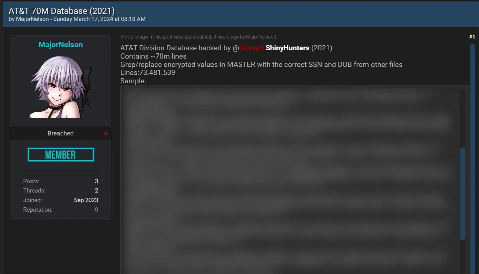 Post on hacking forum leaking alleged AT&T data from 2021 breach