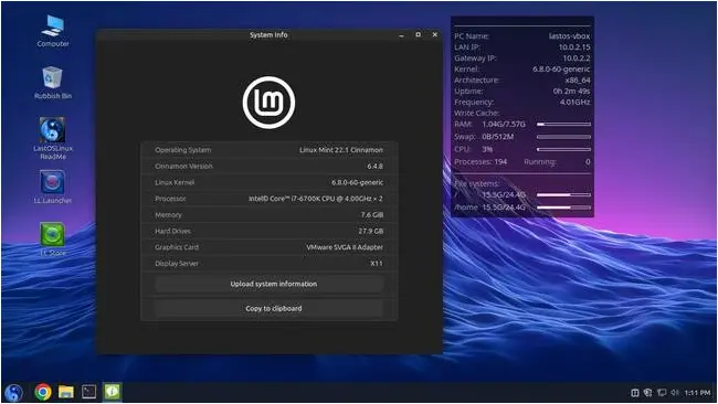 LastOS showing the desktop and Conky system monitor, plus Mint's info box 