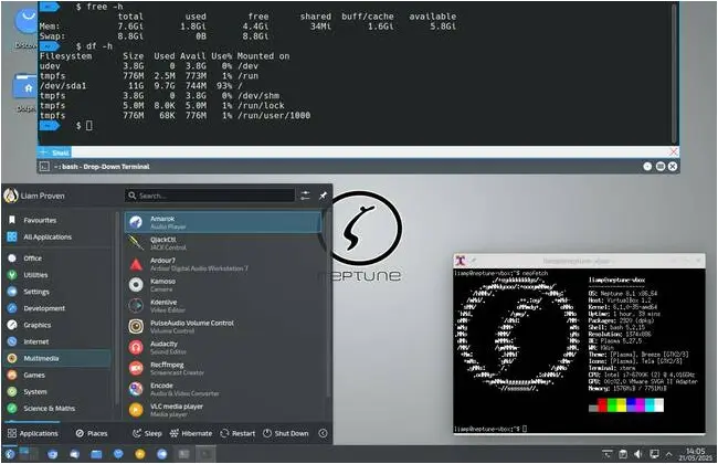 Neptune KDE desktop showing both Yakuake and xterm plus memory and disk usage. 