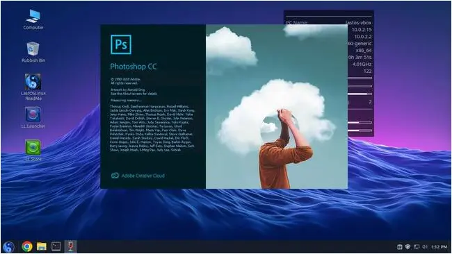 LastOS desktop showing the Adobe PhotoShop 2019 loading screen 