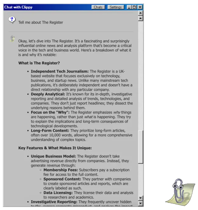 Screenshot of unofficial Clippy AI describing The Register (half right, half wrong) Screenshot of unofficial Clippy AI describing The Register (half right, half wrong)