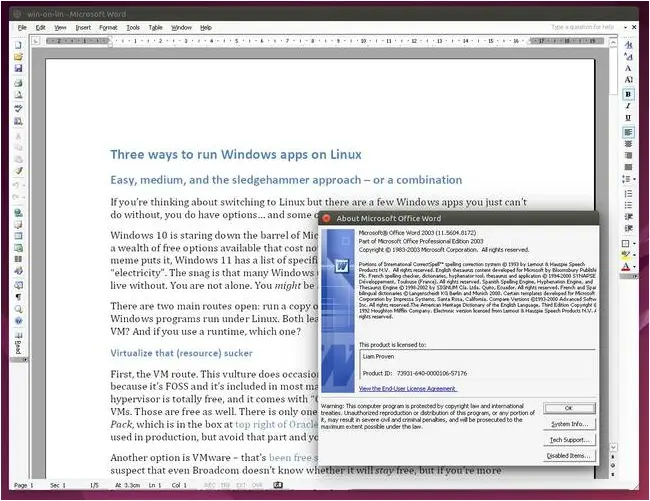 If Word 97 is too old, or too limiting, then the last version without the Ribbon works fine too Word 2003 on WINE, showing a horizontal ruler and vertical toolbars
