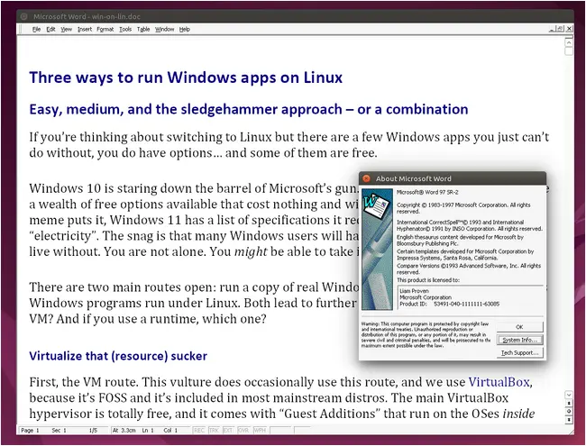 Word 97, with all its fripperies and frills turned off, running seamlessly on WINE 10 Bare Word 97 window with no toolbars or ruler, showing the Help | About screen, on an Ubuntu desktop