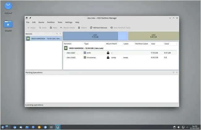 KDE's partition manager, showing a lot of empty swap space and a perilously full root volume. Neptune uses 9.6 GB of disk even after we removed the old kernel.
