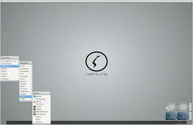 Neptune 8.1 showing the spartan but working Enlightenment desktop session.