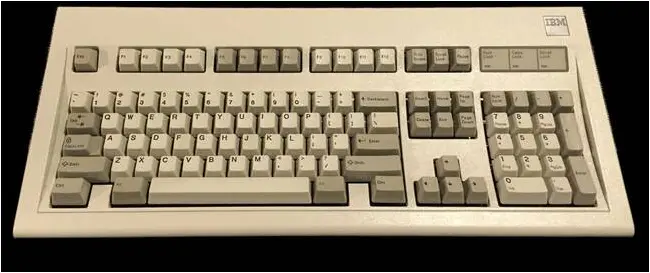 An early IBM Model M manufactured in 1986 with the 'square badge' logo.