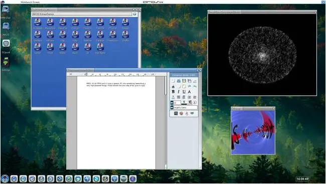 AROS has a full graphical desktop, loads of demos and applets, and runs direct from a USB key. AROS running a couple of demos and the bundled Cinnamon word-processor