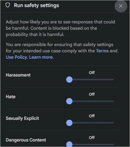 Screenshot of Gemini safety settings