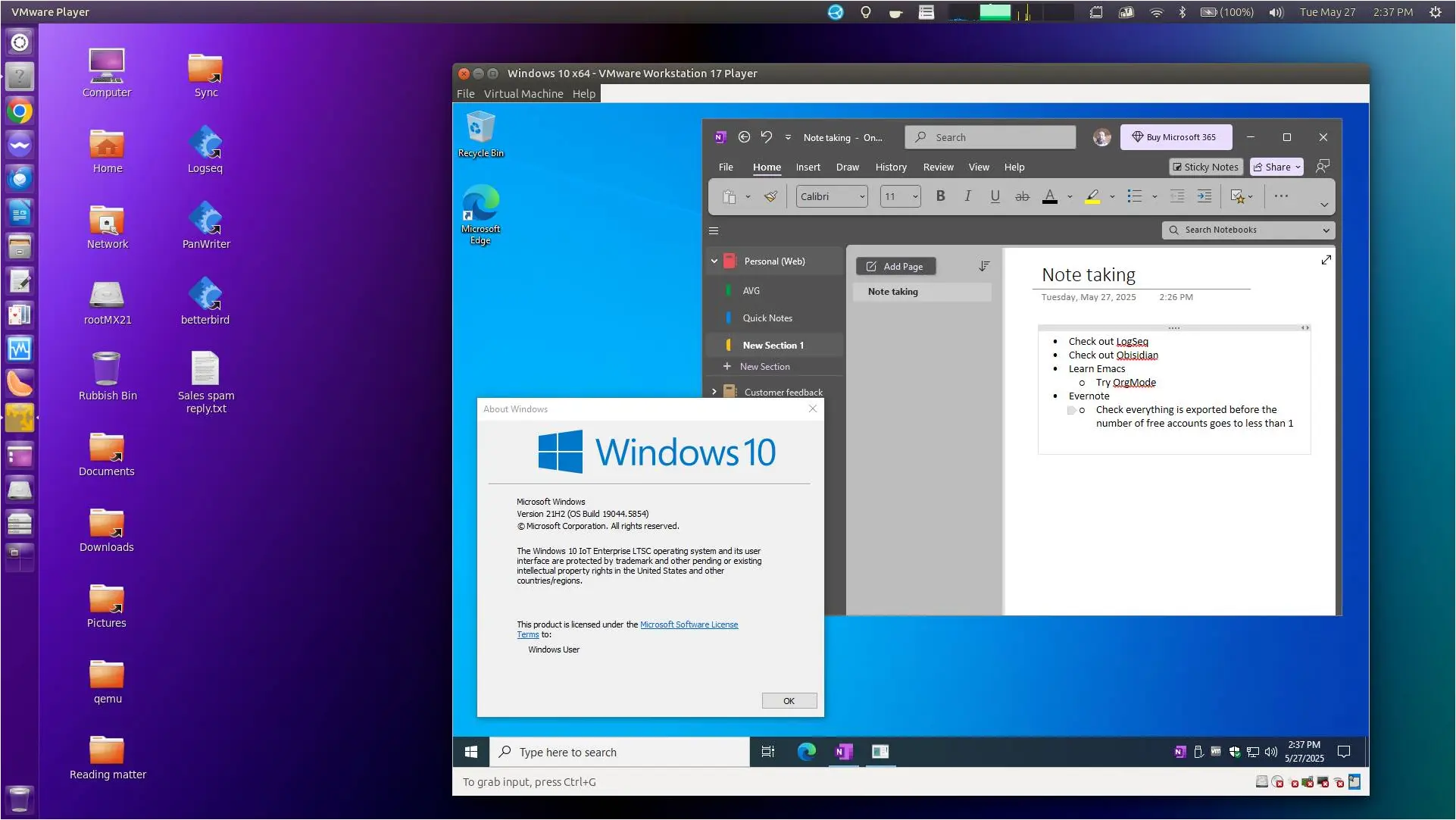 Windows 10 and the free OneNote client, inside the free VMware Workstation, on Ubuntu Windows 10 and the free OneNote client, inside the free VMware Workstation, on Ubuntu