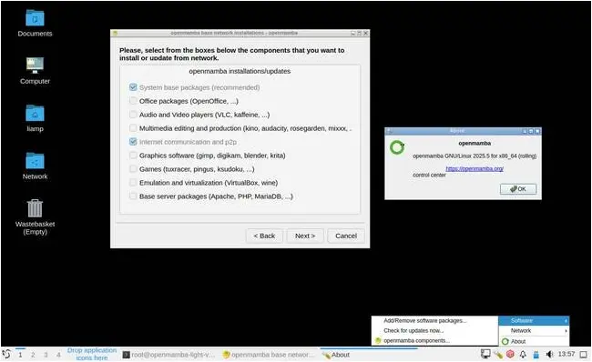 The LXQt edition of OpenMamba showing the Control Center and its software installer.