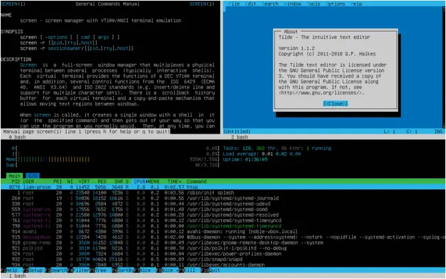 GNU screen on Ubuntu Noble, showing Tilde, htop and its own manual page.