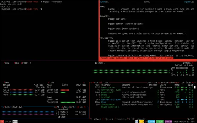 Byobu showing three panes containing btop, its man page, and the versions of it and tmux