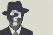 Cartoon man with hat and tie. Facial features replaced by question mark.