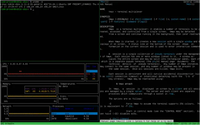 Tmux, showing the 'bottom' system monitor, a shell, and its own manpage. 