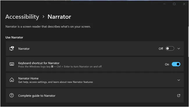 Disable narrator keyboard shortcut