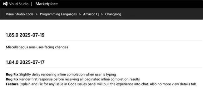 The changelog for the fixed extension refers to miscellaneous non-user-facing changes 