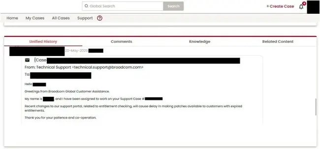 VMware support discussing patch availability