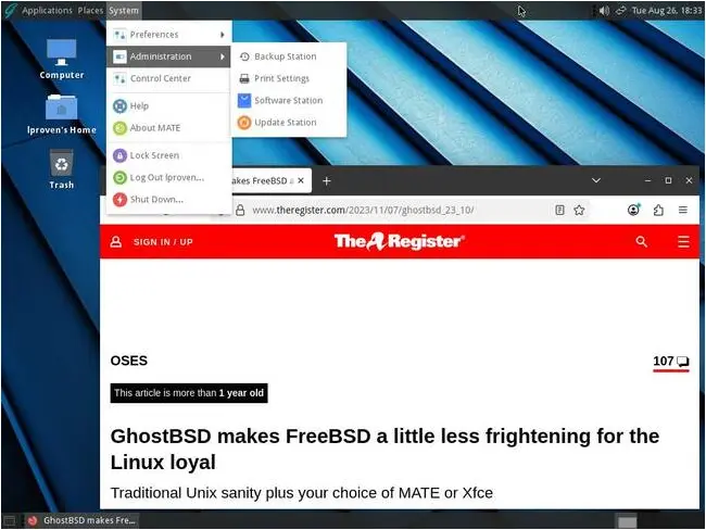 GhostBSD's default desktop is the pragmatic MATE and it comes with Firefox and some handy custom apps written for the distro. 