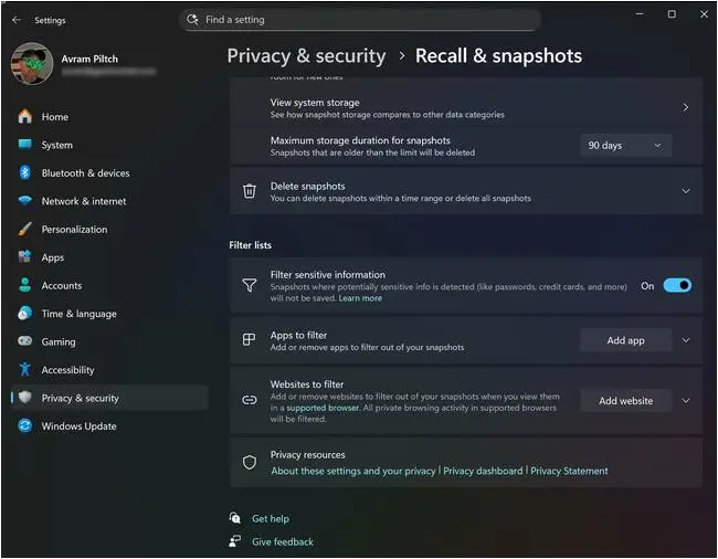 You can block Recall from capturing specific apps and sites in Settings