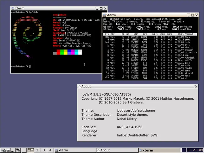 The Hurd edition of Debian 13 showing IceWM and hyfetch on X.org