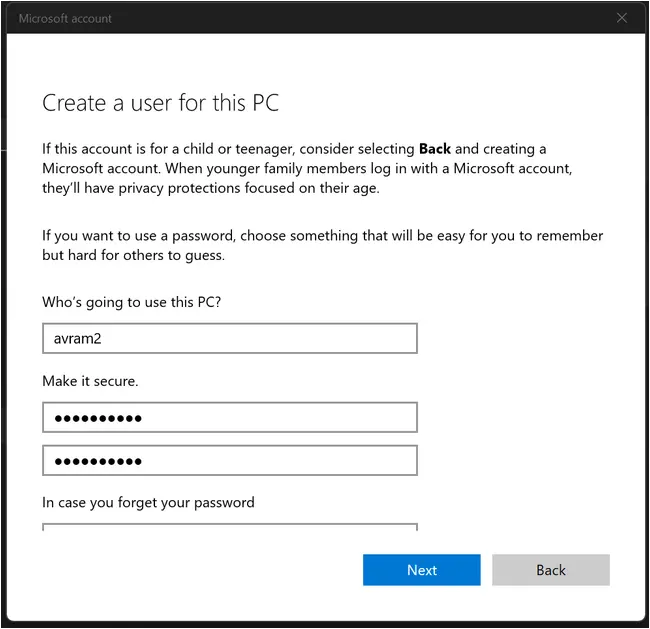 Enter username, password, and answers to security questions