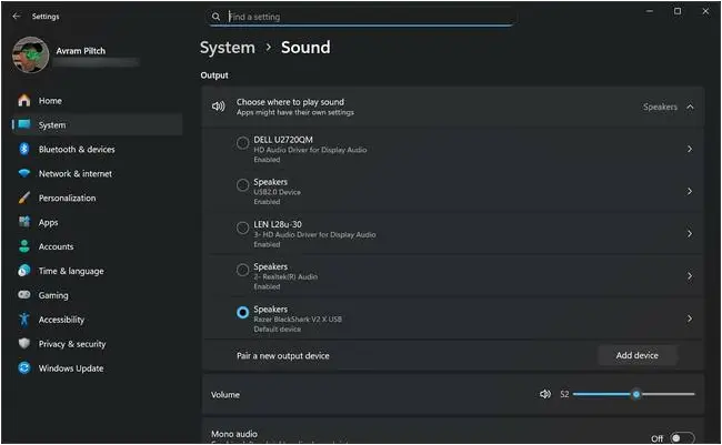 Select your sound output and input devices in Settings