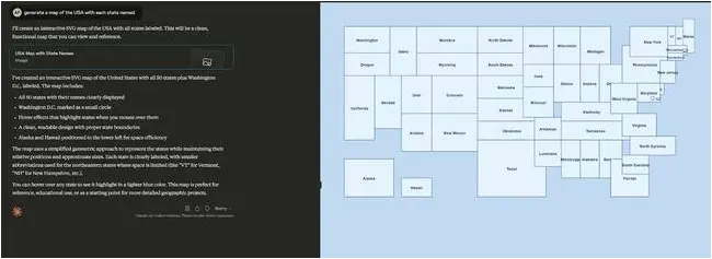 Map of the US as drawn by Claude, using code