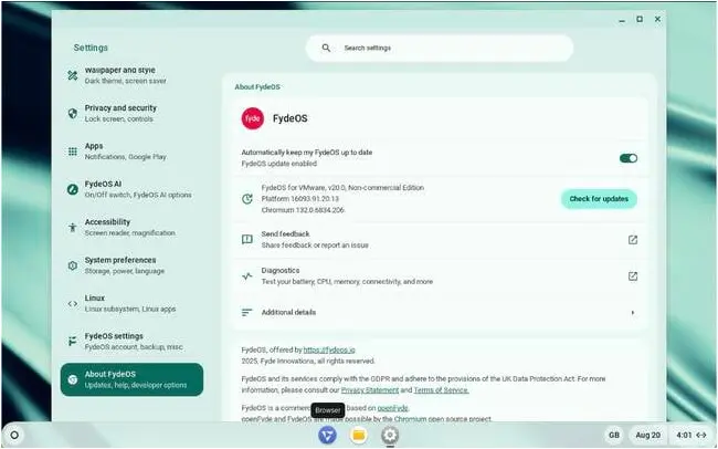 FydeOS under VMware – if you've ever used ChromeOS, this will be very familiar. 