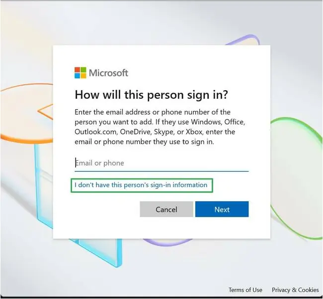 Click I don't have this person's sign-in information