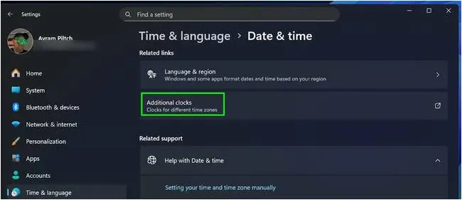 Click Additional Clocks in the Settings menu