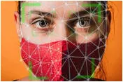 Illustration of a facial recognition system working on a person wearing a red mask